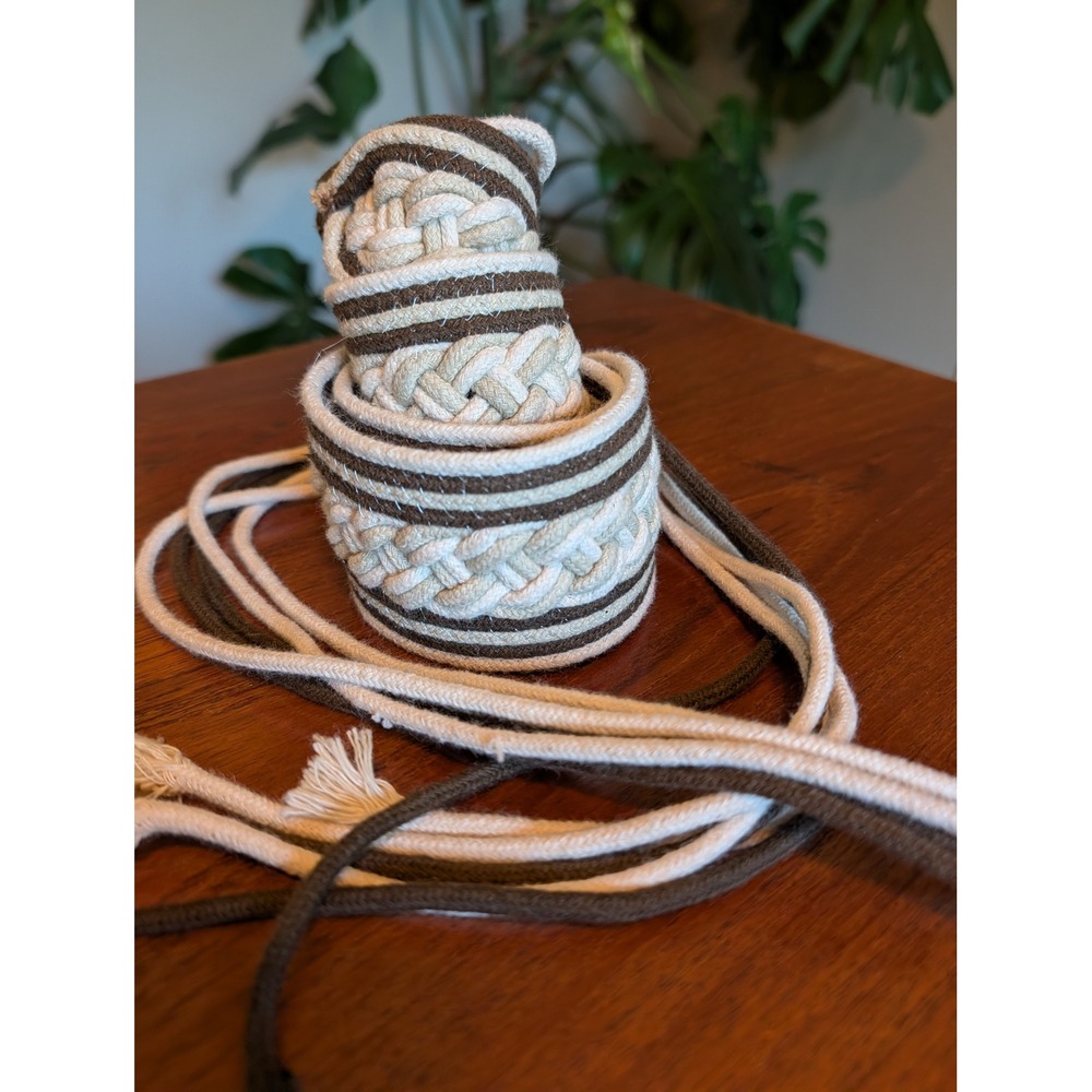 Vintage Y2K Braided Rope Belt Brown Cream Striped Woven Tie Waist Boho Festival
